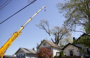 The Lefke Tree Experts team using a crane to lift a tree over a house in Loveland, OH.