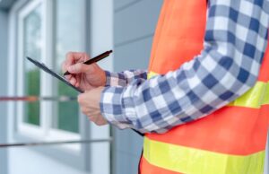 Close-up of a Lefke arborist in an orange safety vest and checkered shirt writing on a clipboard while inspecting a property for winter tree work in Cincinnati.