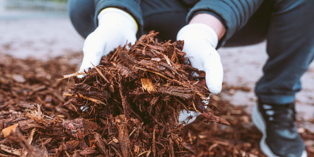 A homeowner holding a handful or organic mulch before applying it under their trees in Cincinnati, OH.