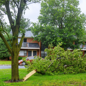 Mature green tree still standing in a Blue Ash, Ohio yard after a storm, with scattered leaves and small twigs on the lawn.