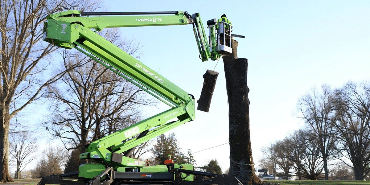 Lifting logs out overhead keeps heavy equipment off soft ground and protects the turf below. Crane hoisting a large log section over a yard, keeping equipment weight off the ground.